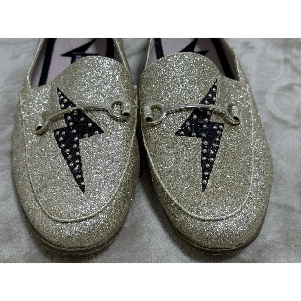Nine West Womens Wild Girls Lightning Bolt Gold Loafer Sparkle Bling Shoe Sz 5.5